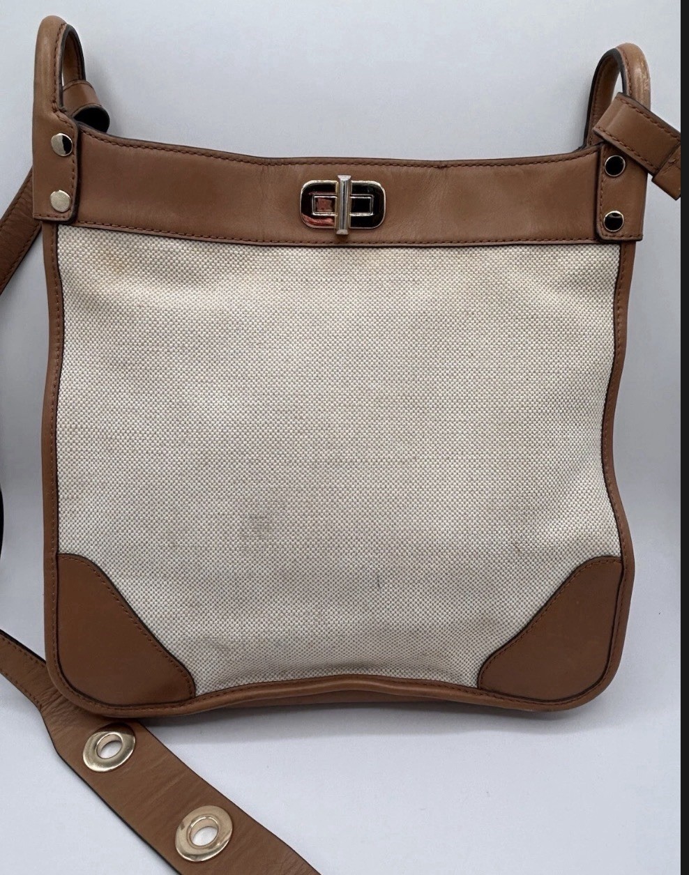 Michael Kors Sullivan Beige Canvas Tan Leather Messenger Crossbody Bag