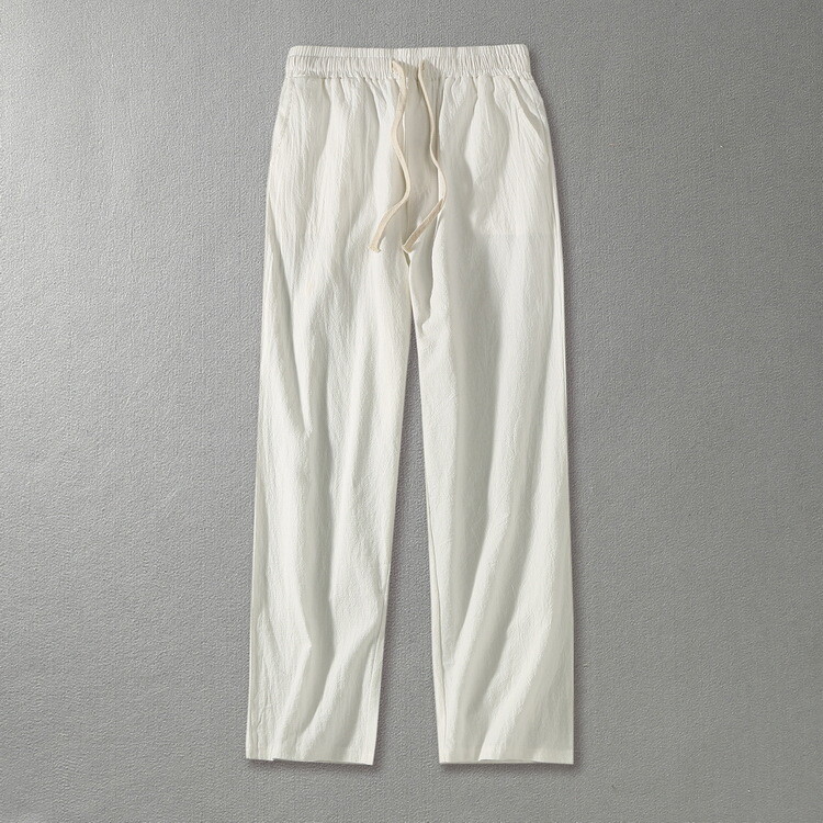 Summer Men’s Solid Color Cotton Linen Casual Straight Wide Leg Pants Trousers