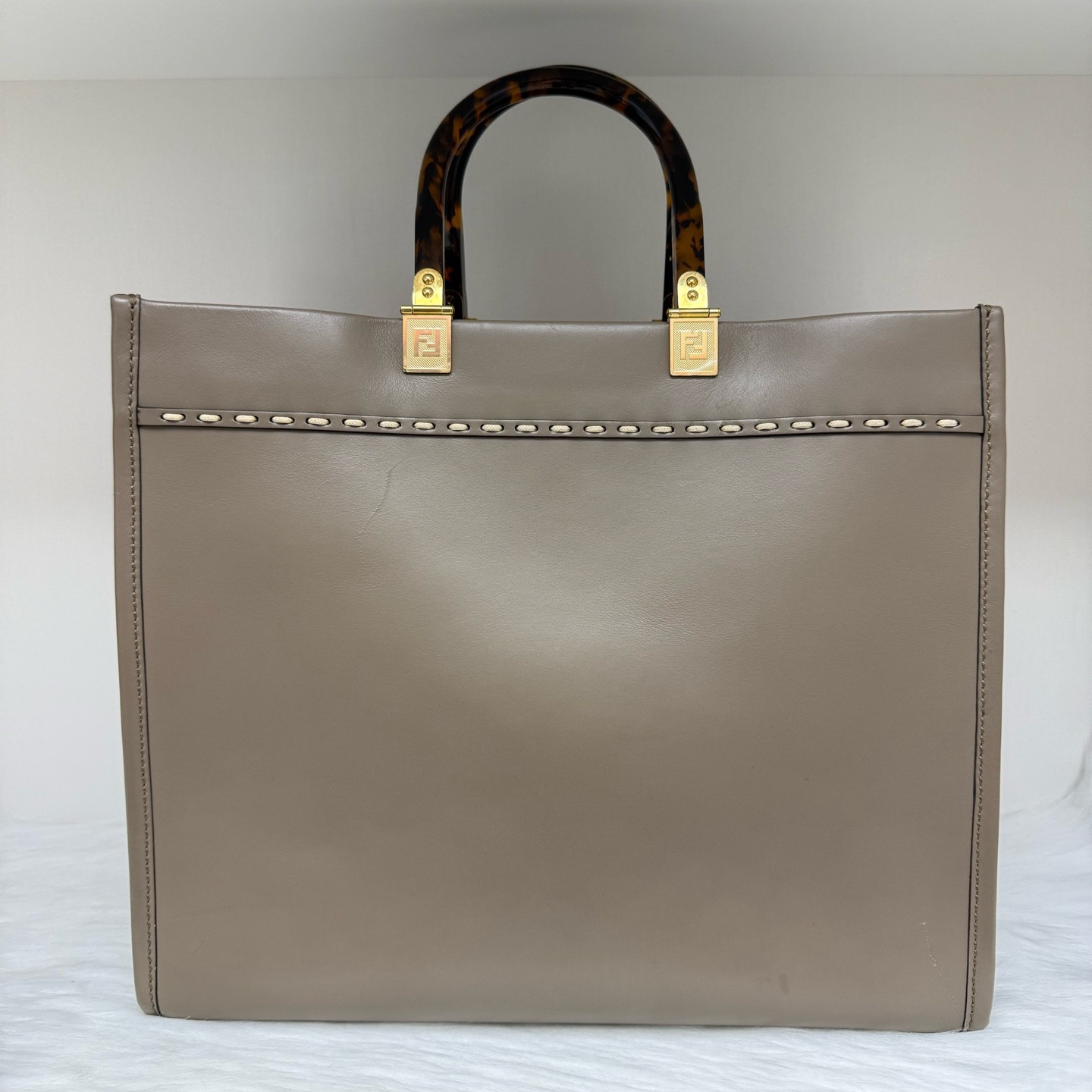 Fendi Sunshine Shopper Tote MM Gray Leather Shoulder Handbag Crossbody GHW