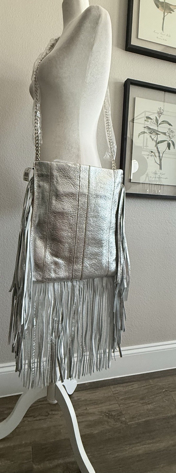 $475 RAMY BROOK Leather Silver Lame’ Large Sachel Messenger Bag Fringe Purse