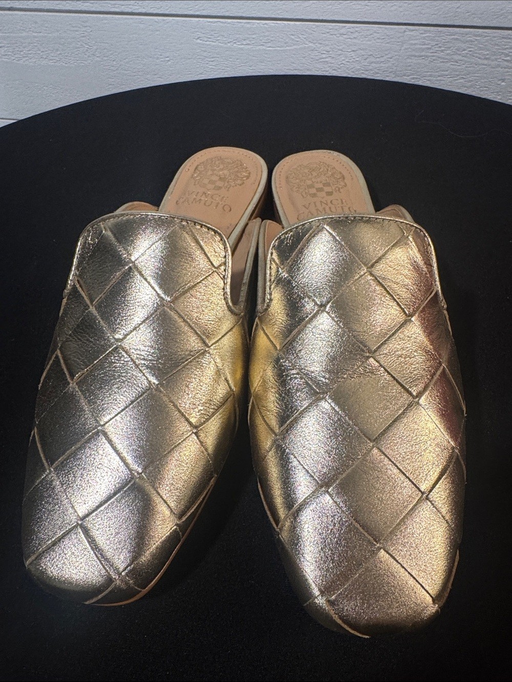 Vince Camuto Gold Quilted Women’s Slide Mules – Metallic Leather- size 6