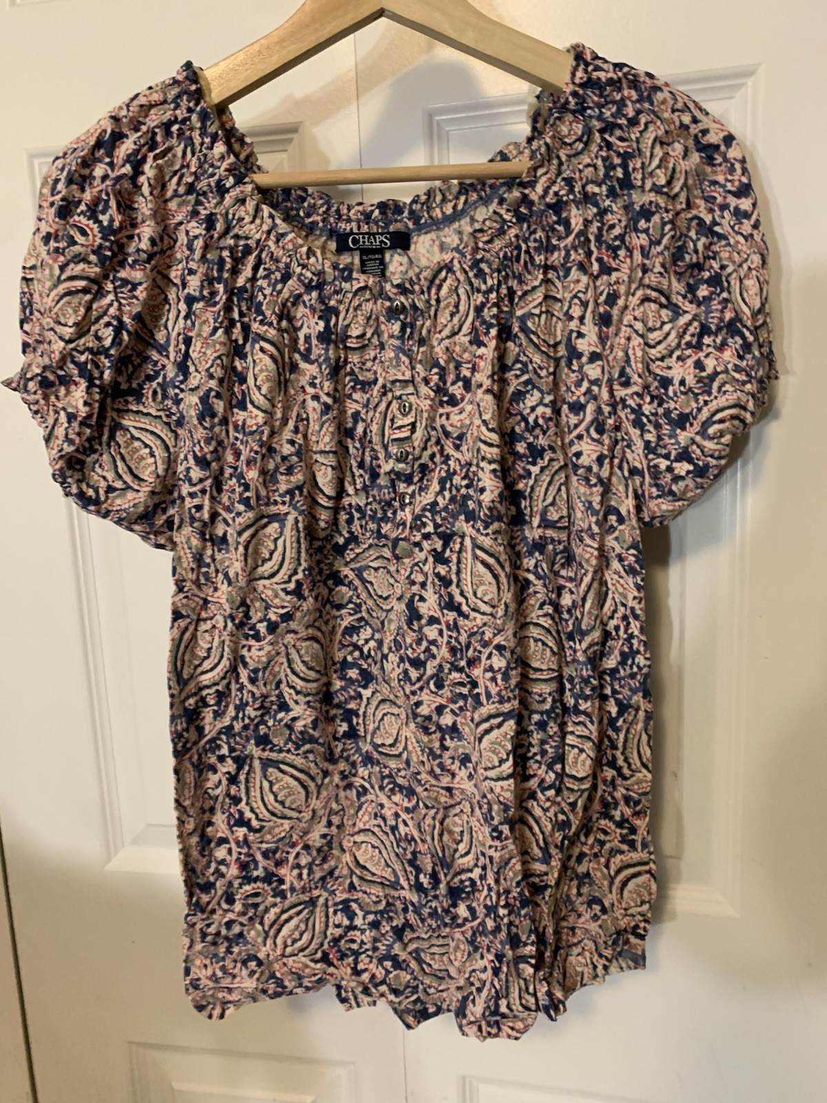 Chaps Womens XL Floral Print Round Neck Cap Sleeve Blouse Top Pink Blue Paisley