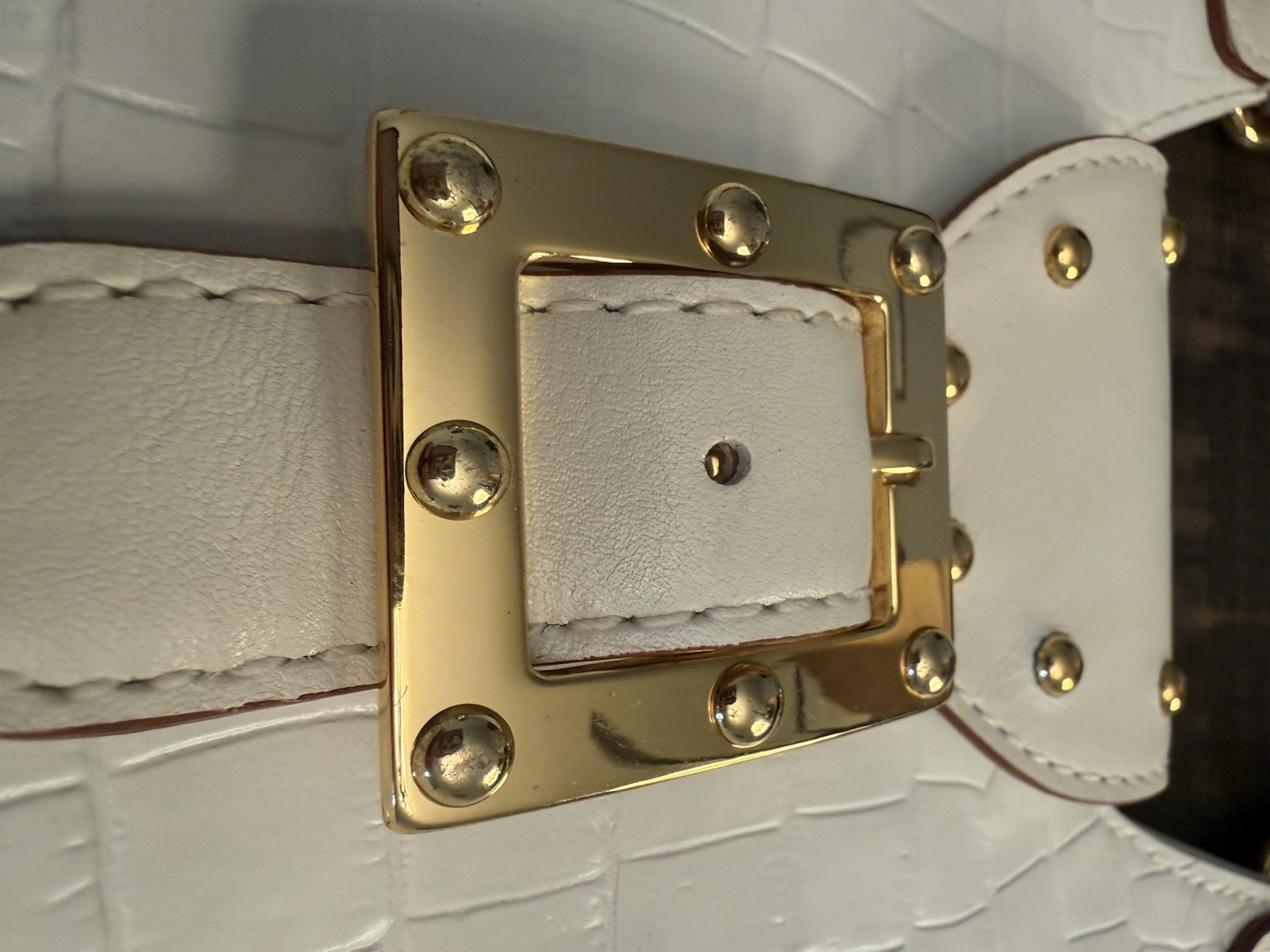 Michael Kors White Croc Embossed Satchel Top Handle Buckle Gold Hardware Pockets