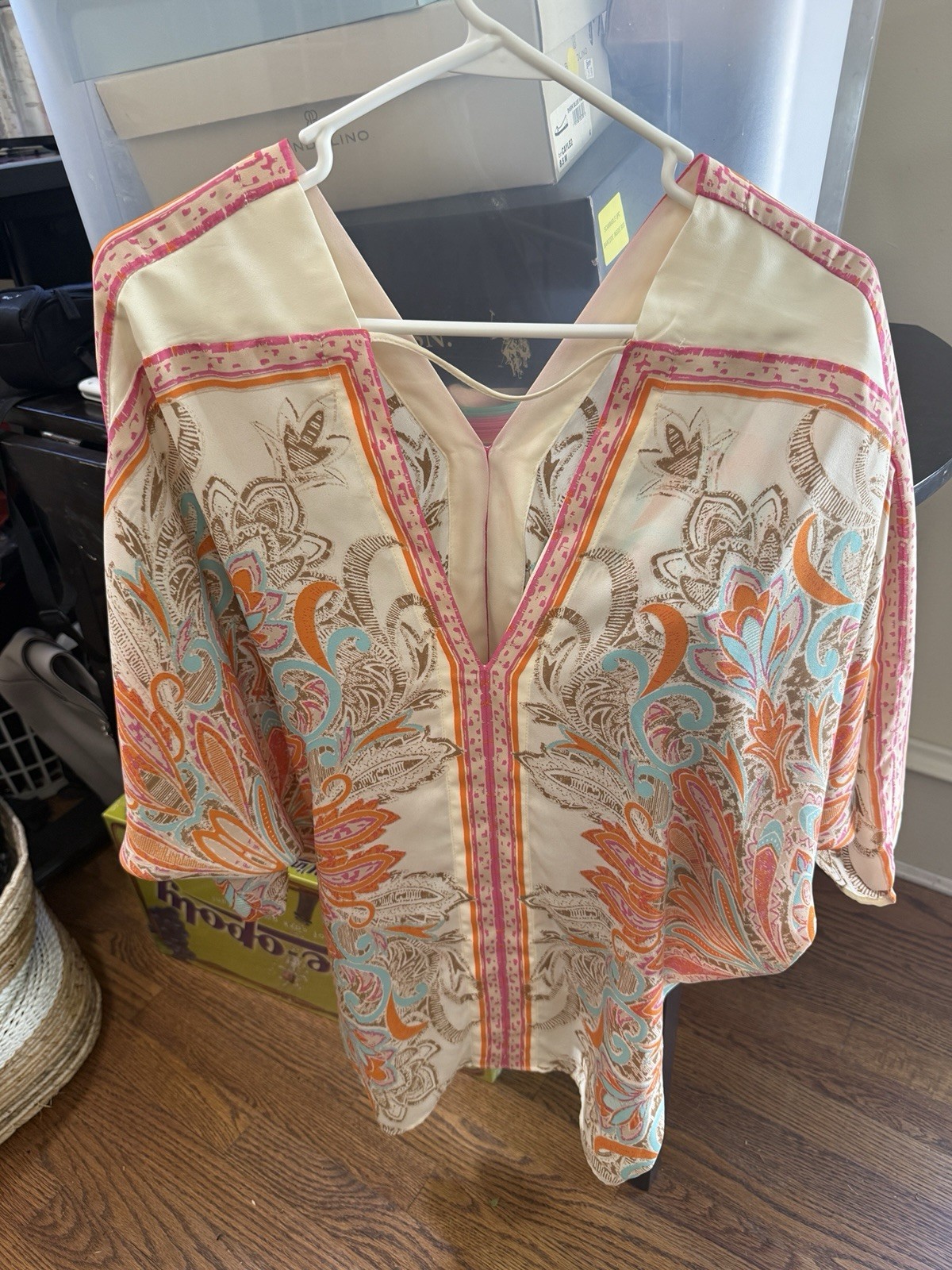 Bohemian Summer Flowy Top With 3/4 Sleeves, Coral Blue And Tan Colors
