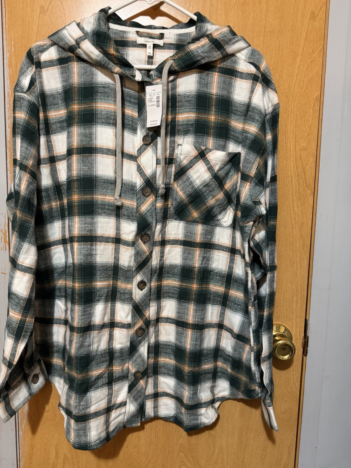 maurices Women’s XL Plaid Hooded Collared Button-Up Long Sleeve Shirt Green