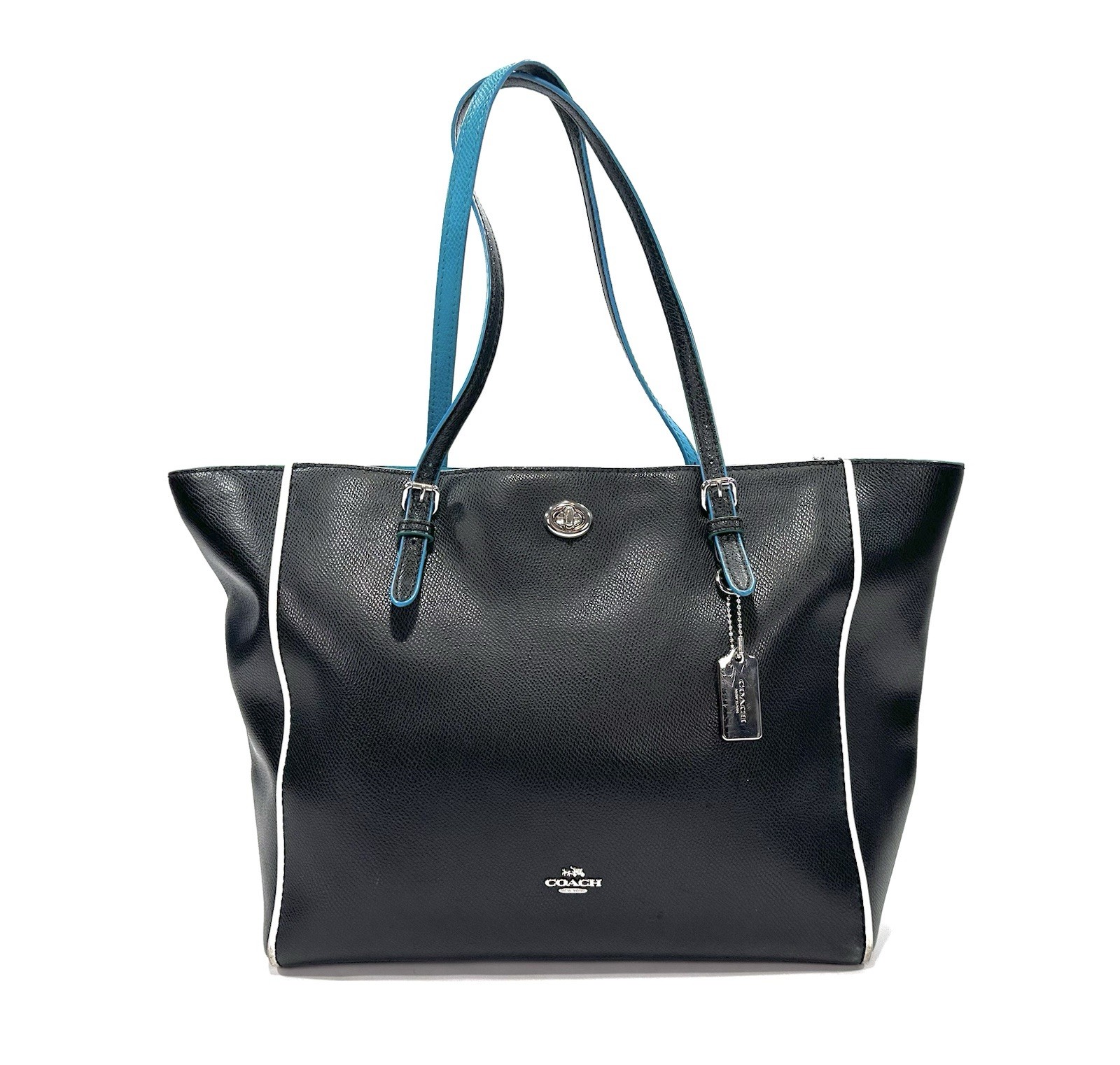 Coach Turnlock Tote Bag Edgestain Leather 38323 Black / Turquoise Blue Zipper