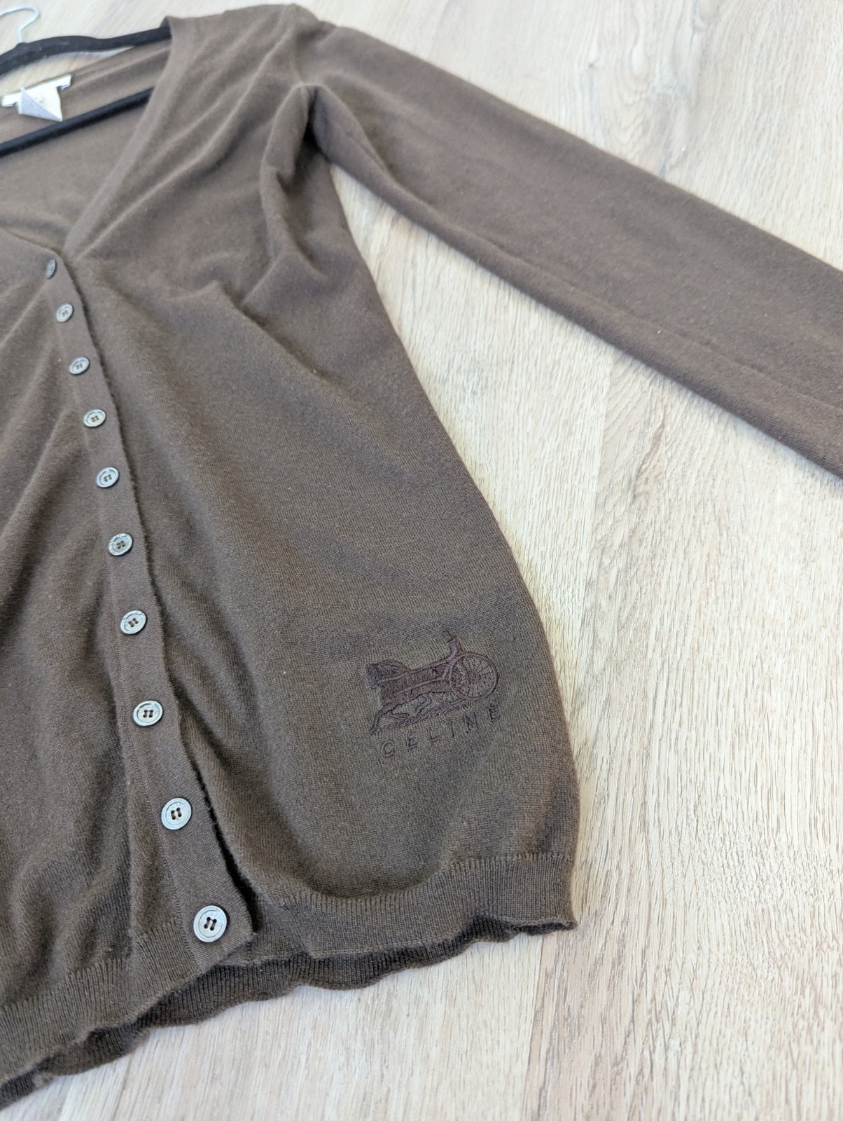 CELINE Vintage Brown Cashmere Horse Carriage Logo Cardigan S