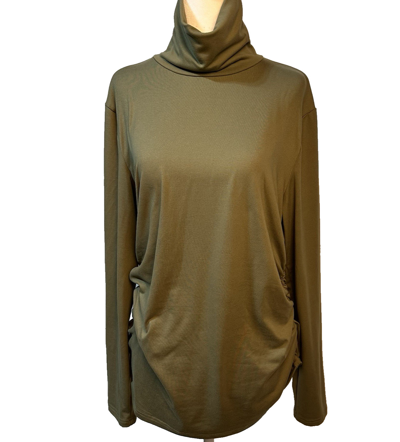 Shirred Sided Olive Colored Stretchy Turtleneck Long Sleeve Pullover Top Size L