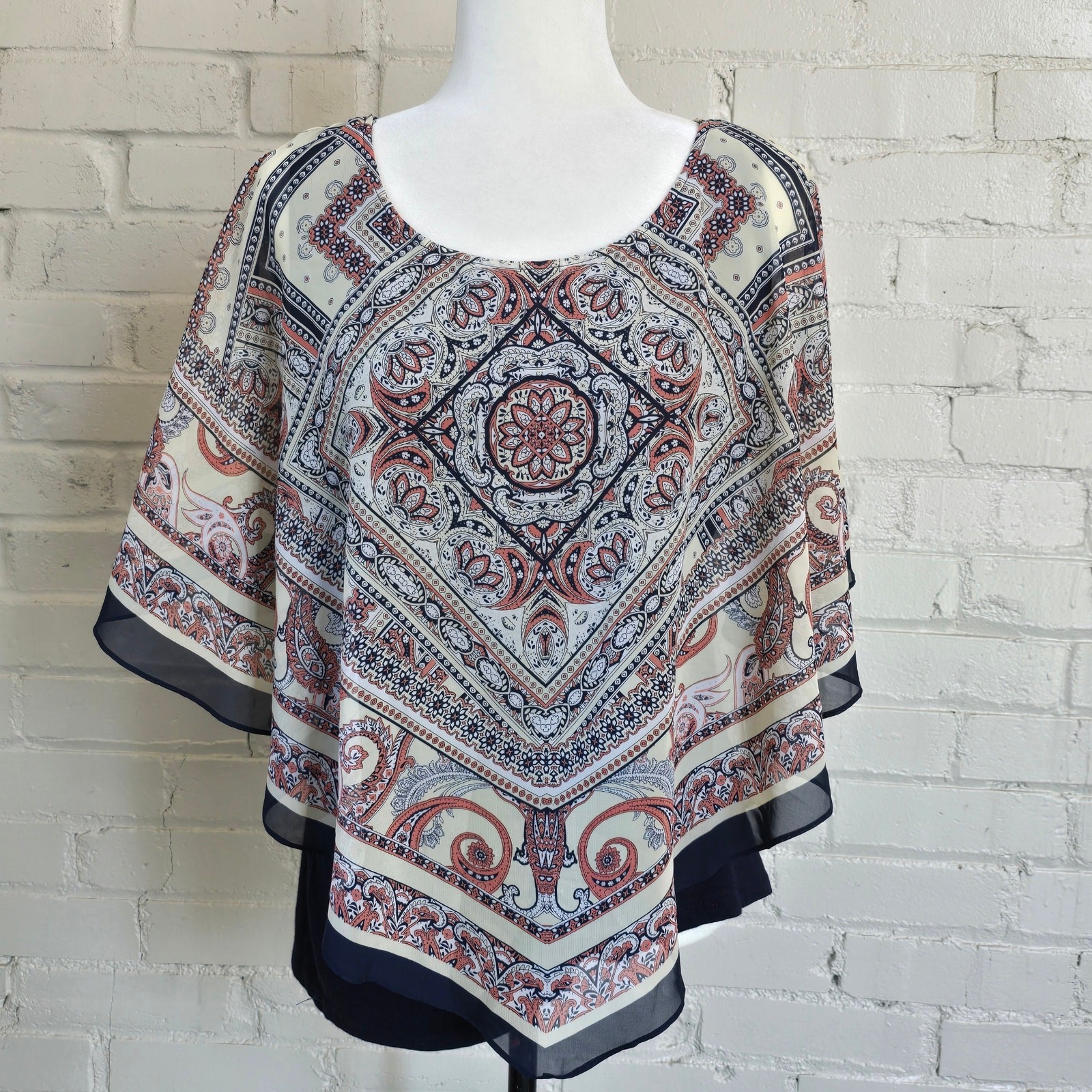 APT 9 XL Retro Vibe Paisley Poncho Top Layered Chiffon Tank Blouse Boho Festival