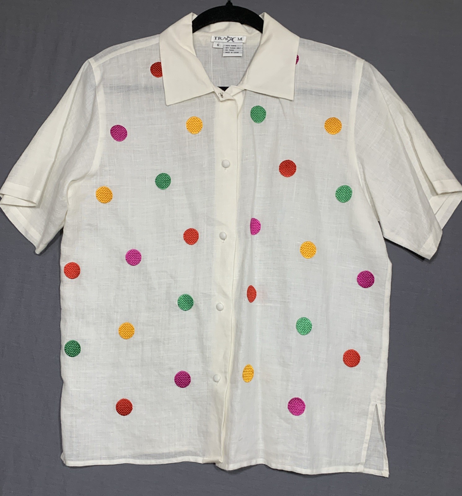 Tracy M Women’s Blouse Embroidered Polka Dot 100% Ramie Vintage