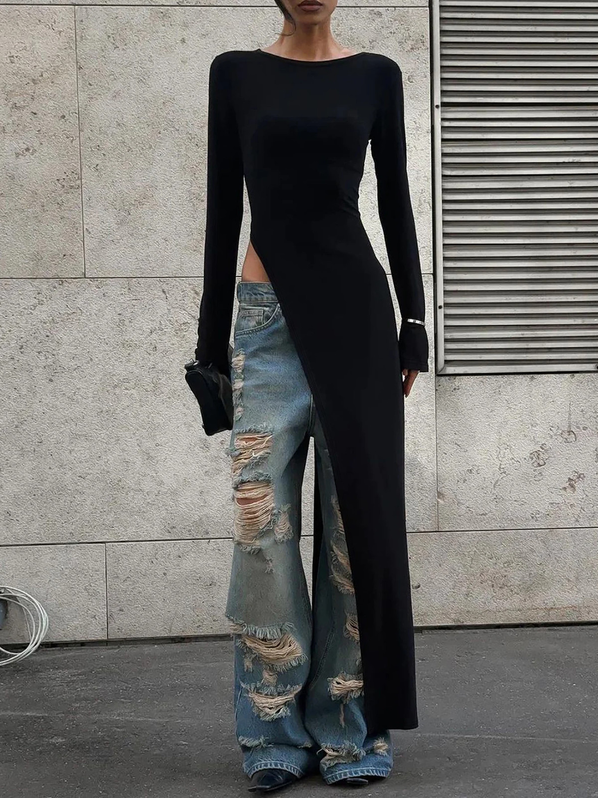 Women Long Sleeve Maxi Dress Side High Slit Solid Party Club Streetwear