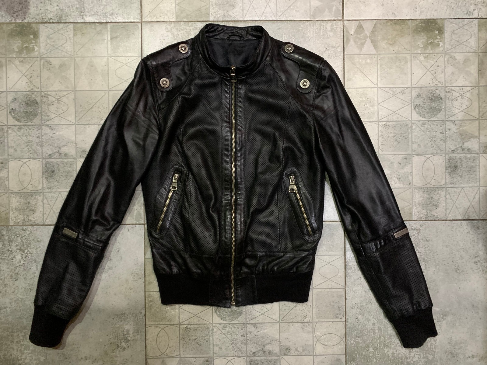 Dolce & Gabbana D&G Black Leather Bomber Jacket Men’s Size M Perforated Lambskin