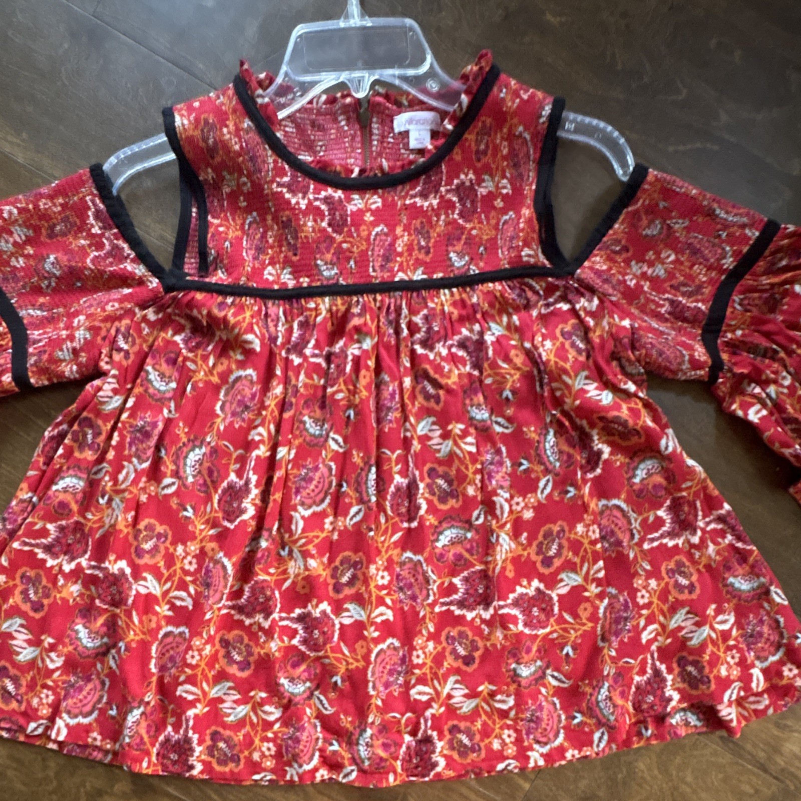 Xhilaration Red Multicolor Floral Cold Shoulder Bell Sleeve Round Neck Blouse L