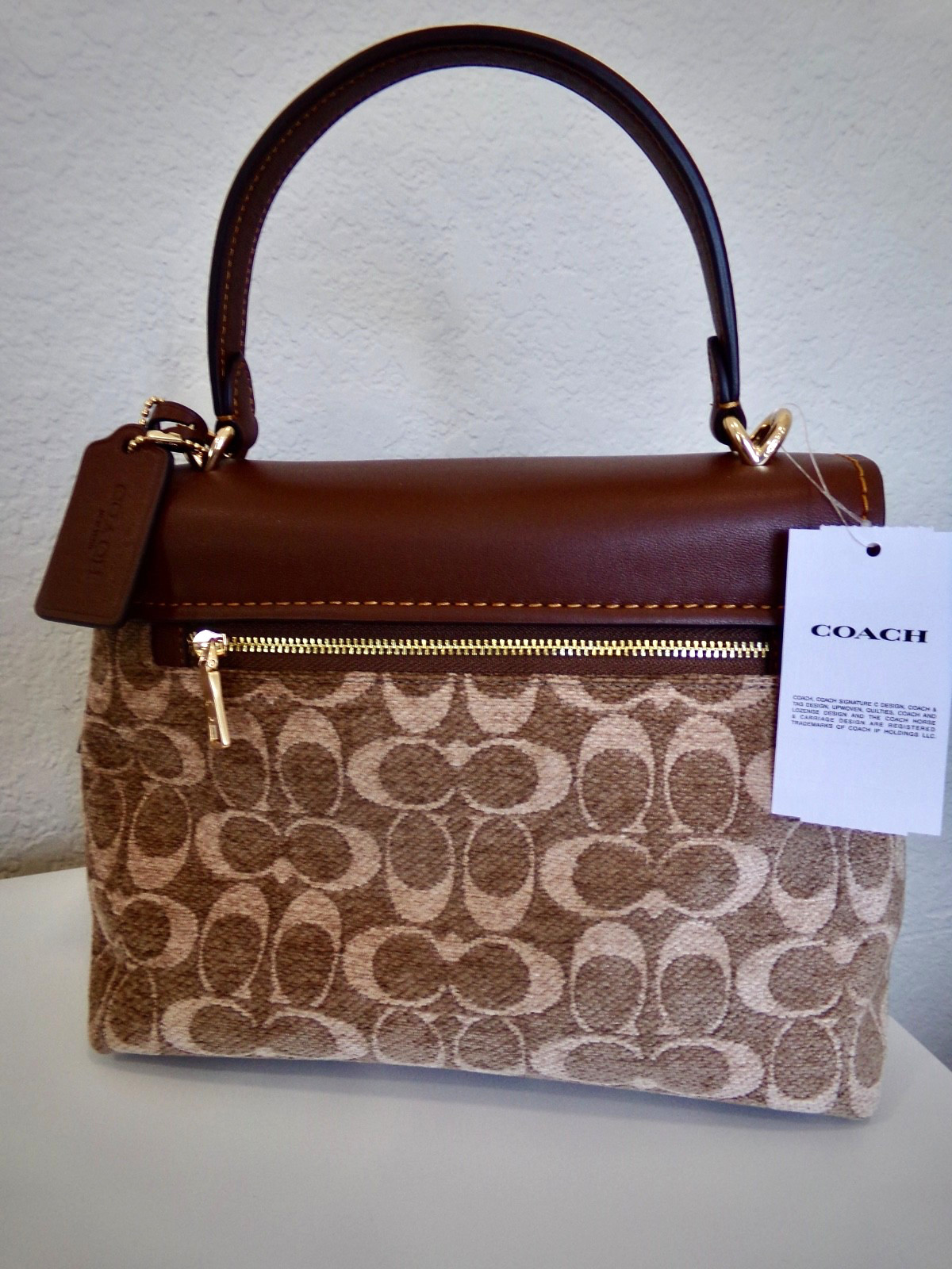 New Coach Handbag, Leather, Vintage Brown, Khaki & Gold in Signature Chenille