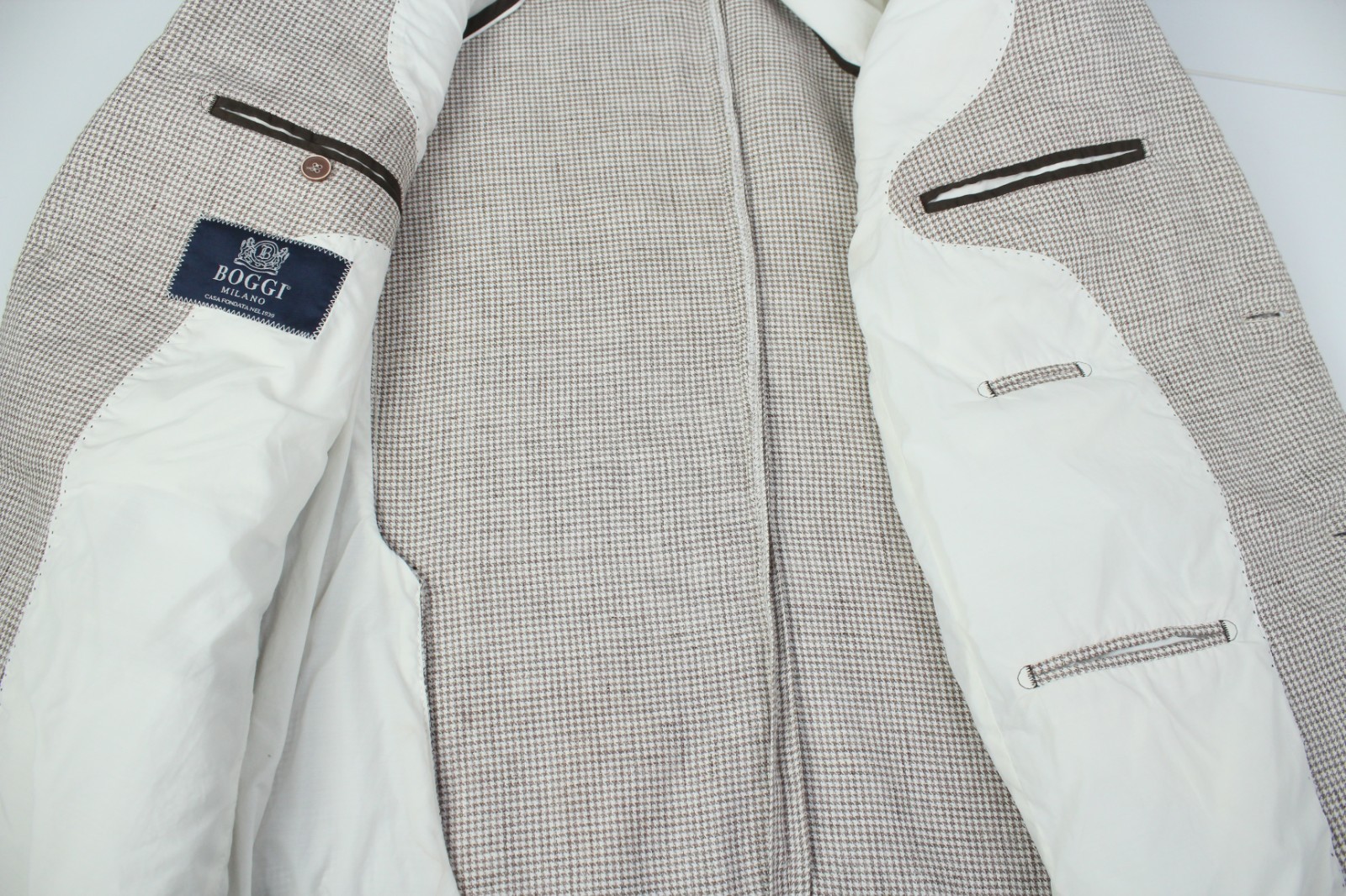 BOGGI Brown & White Dogtooth PURE LINEN HL Sport Coat Blazer Jacket 52IT 42US/UK