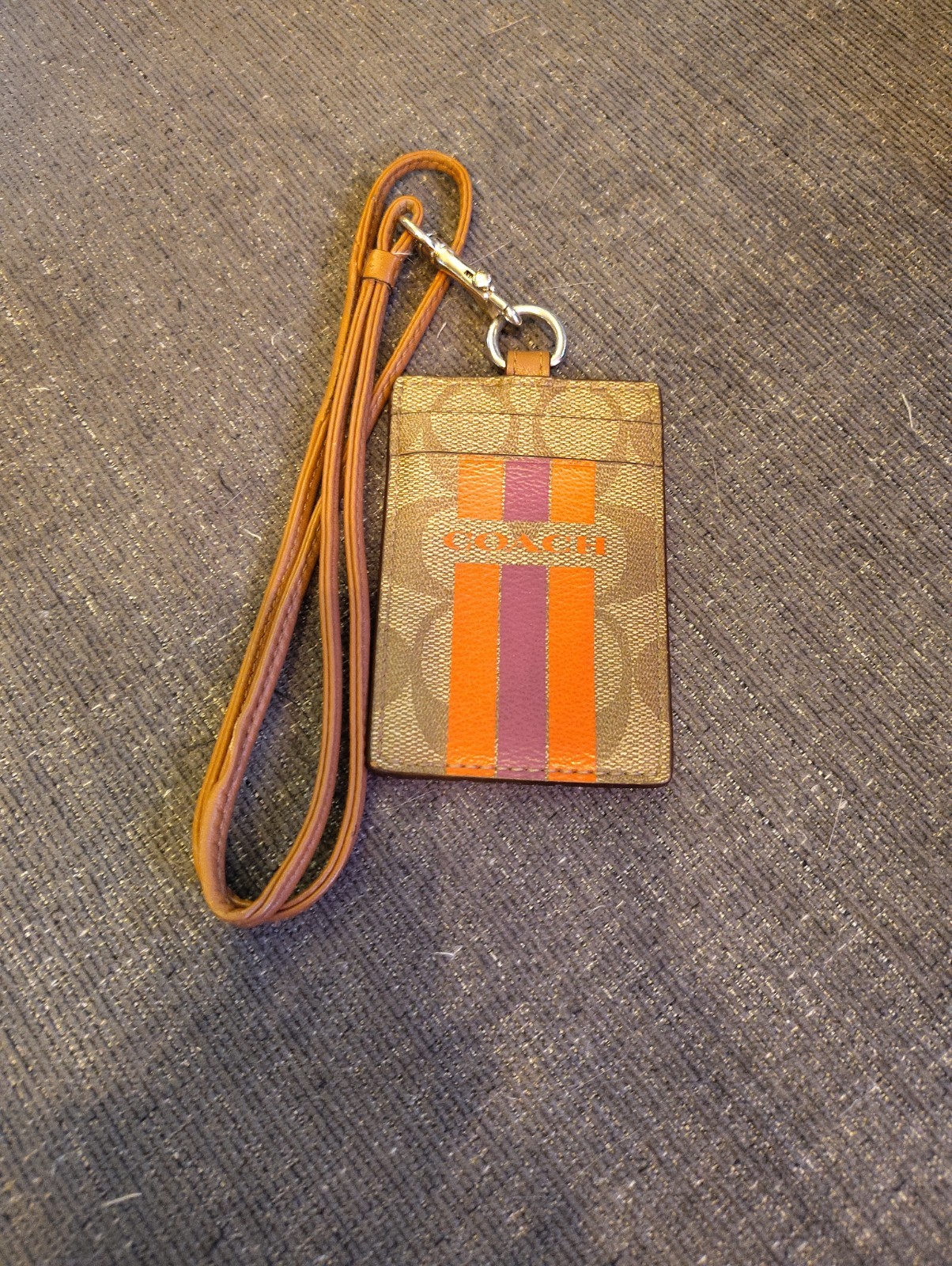 NWT COACH F66462 VARSITY STRIPE LANYARD ID CASE IN SIGNATURE KHAKI WATERMELON
