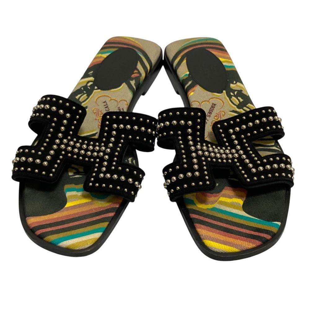 HERMES Oran Studded Flat Sandals, Size 36 Black and Multicolor Women USED