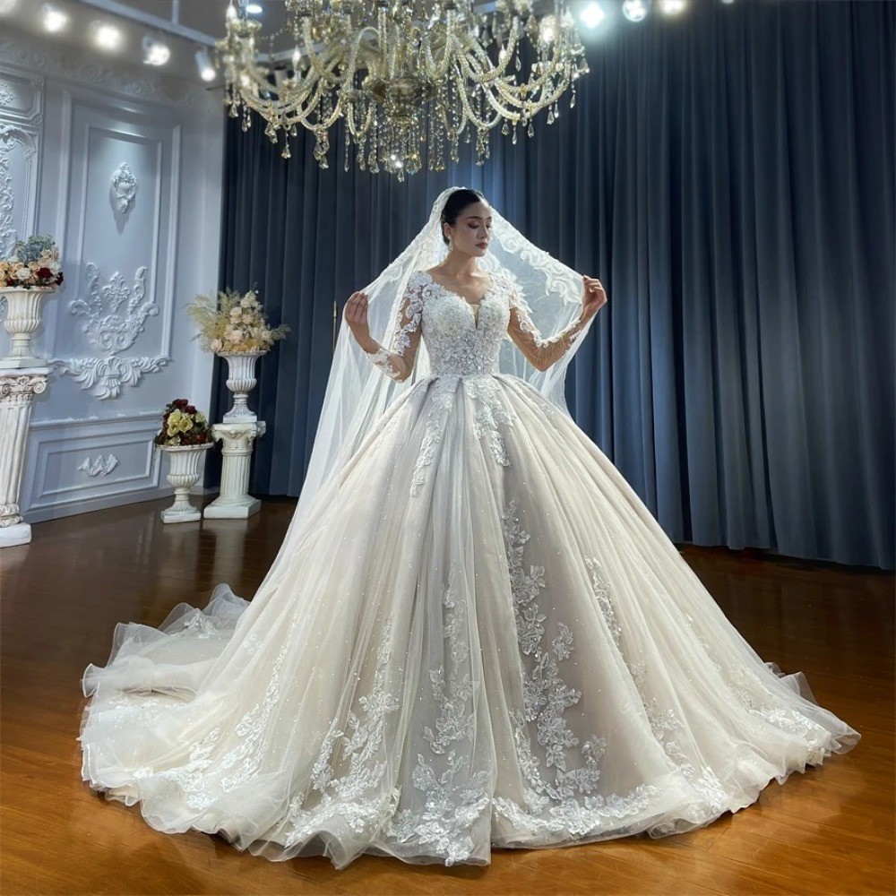 Long Sleeve V Neck Lace Ball Wedding Dresses Glitter Tulle Cathedral Train Gowns