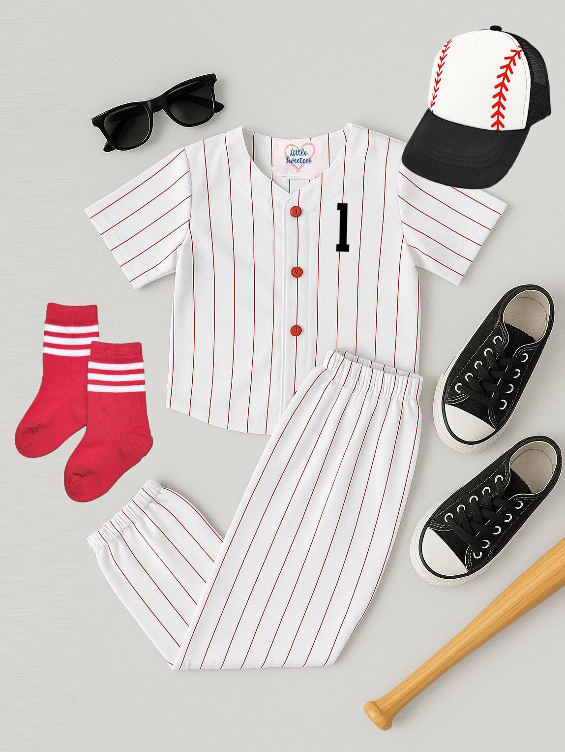 First Birthday Personalized Red Pinstripe Jersey Outfit Choose Name & Number