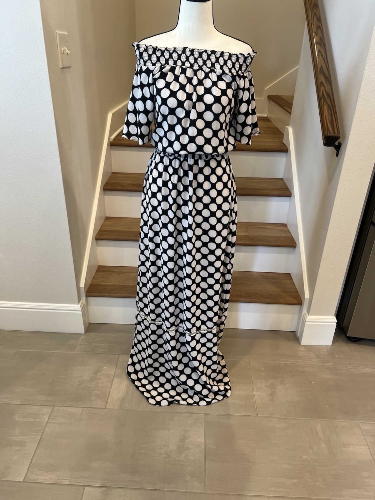 Think Black And White Polka Dot Off Shoulder Maxi Dress