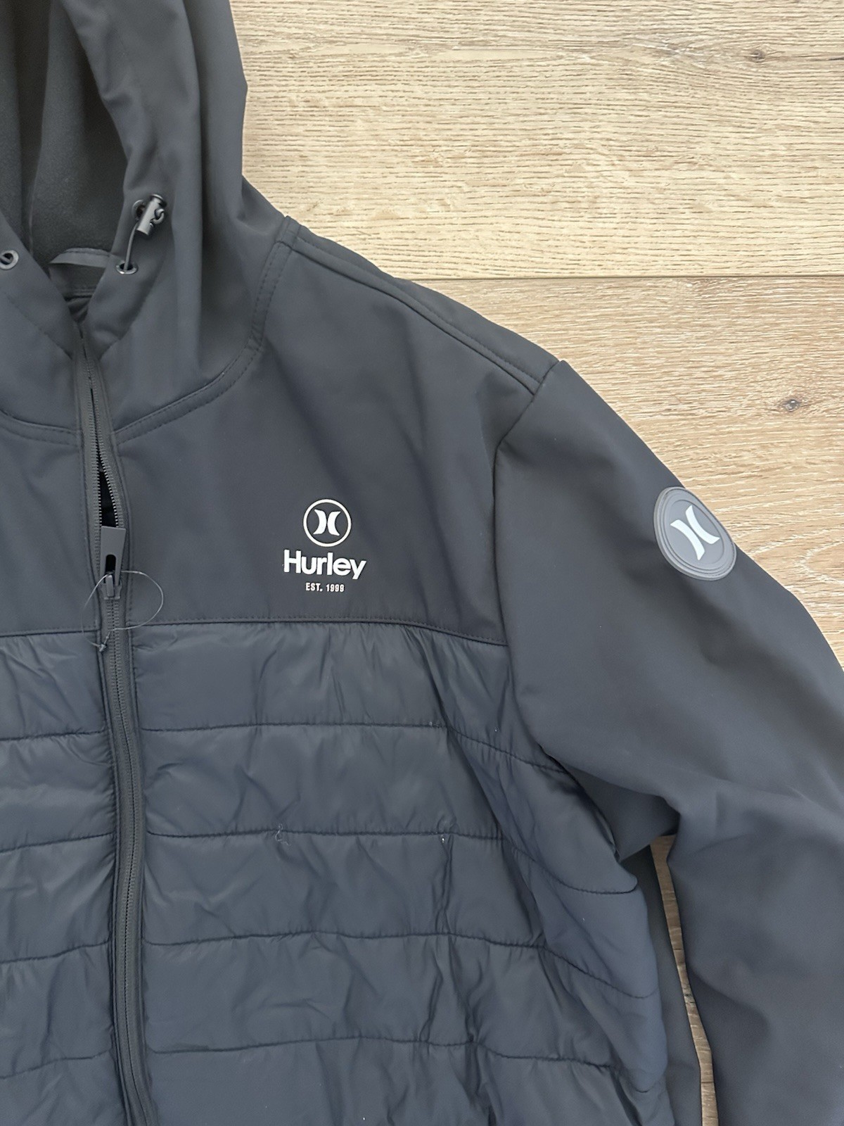Hurley Hybrid Hooded Jacket Mens XXL Black Softshell Quilted Fleece Lined Zip