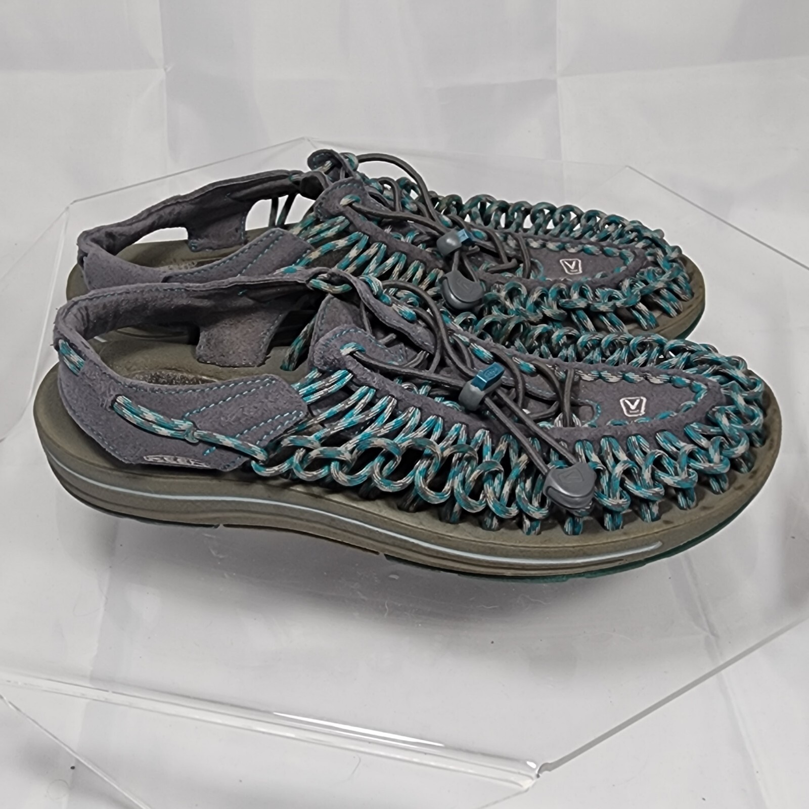 Keen Uneek Sandals Women 10 Two Cord 1014113 Gray Teal Blue Outdoor Heel Strap