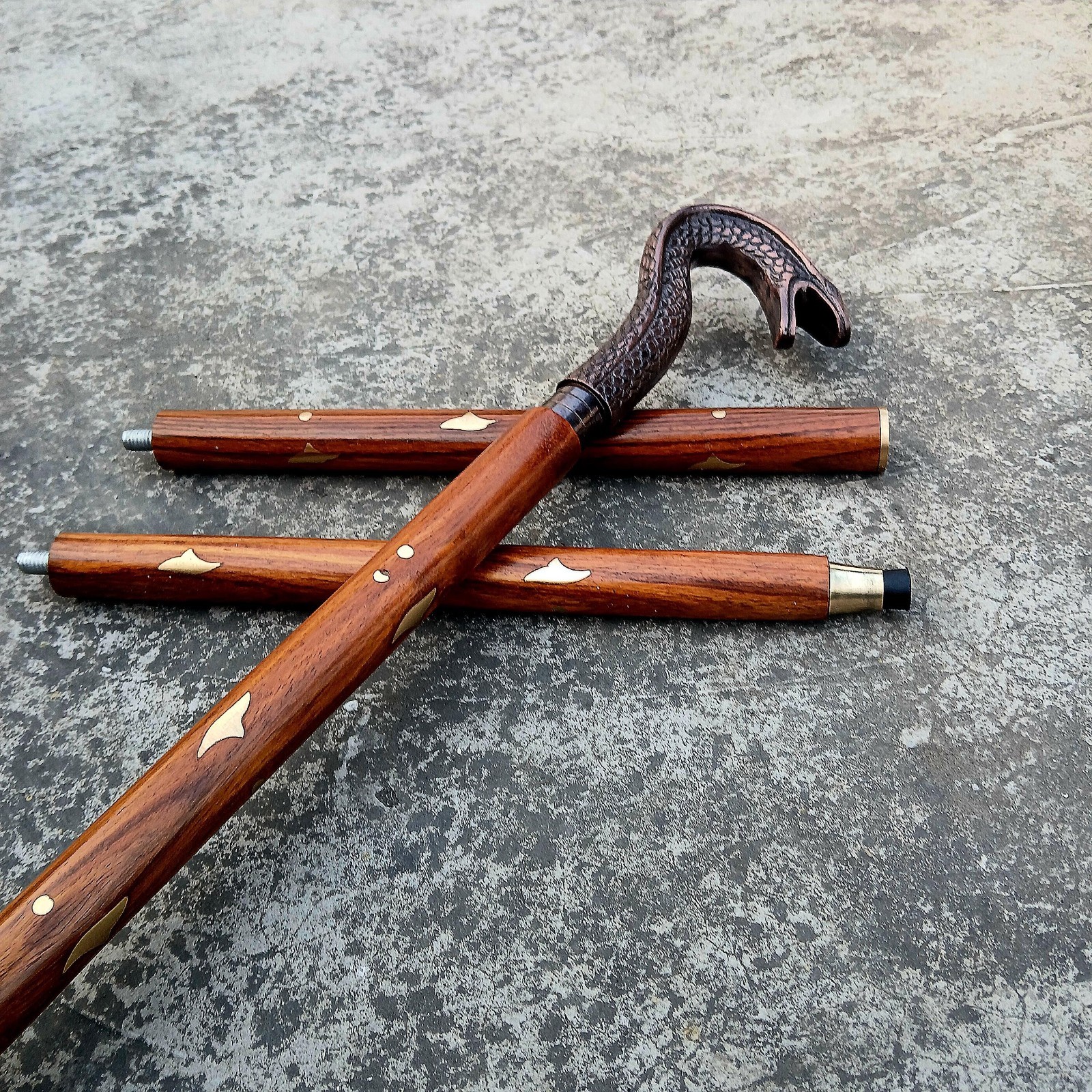 Antique Vintage Brass Snake Head Walking Stick: Decorative Wooden Cane