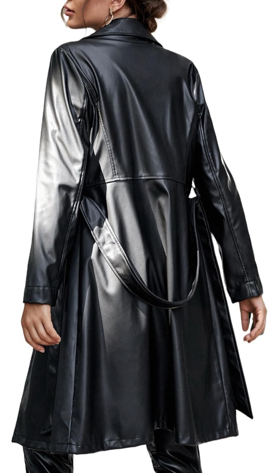 Womens Faux Leather Trench Coat Jacket Black Belted Longline PU Moto Y2K Goth L