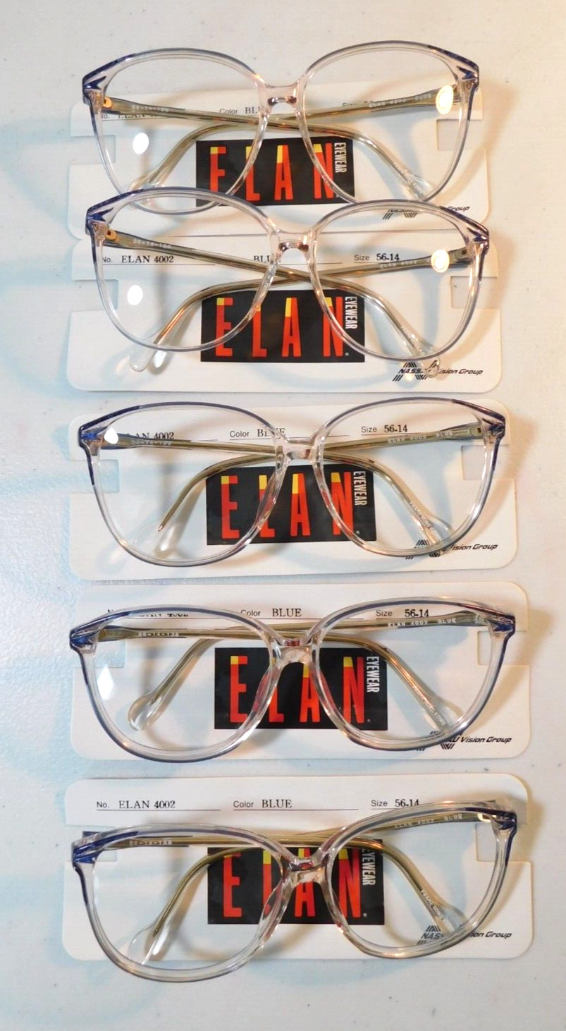 Vintage 5 Pc. ELAN 4002 Blue 56/14 Women’s Plastic Eyeglass Frame Lot NOS #330