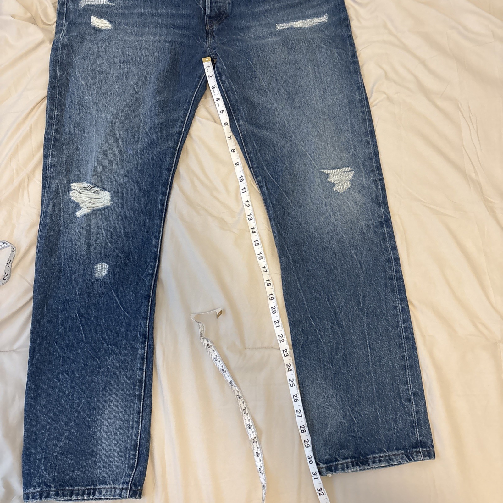 Levis 501 Selvedge Jeans Blue Distressed 34×32 150th Anniversary High Waisted