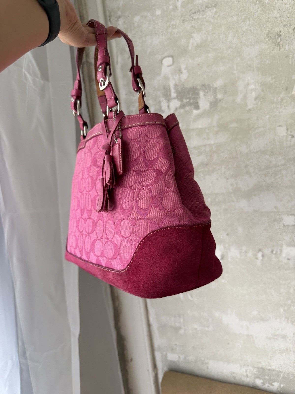 Coach Hampton Signature Satchel Pink Canvas Suede Trim 6830