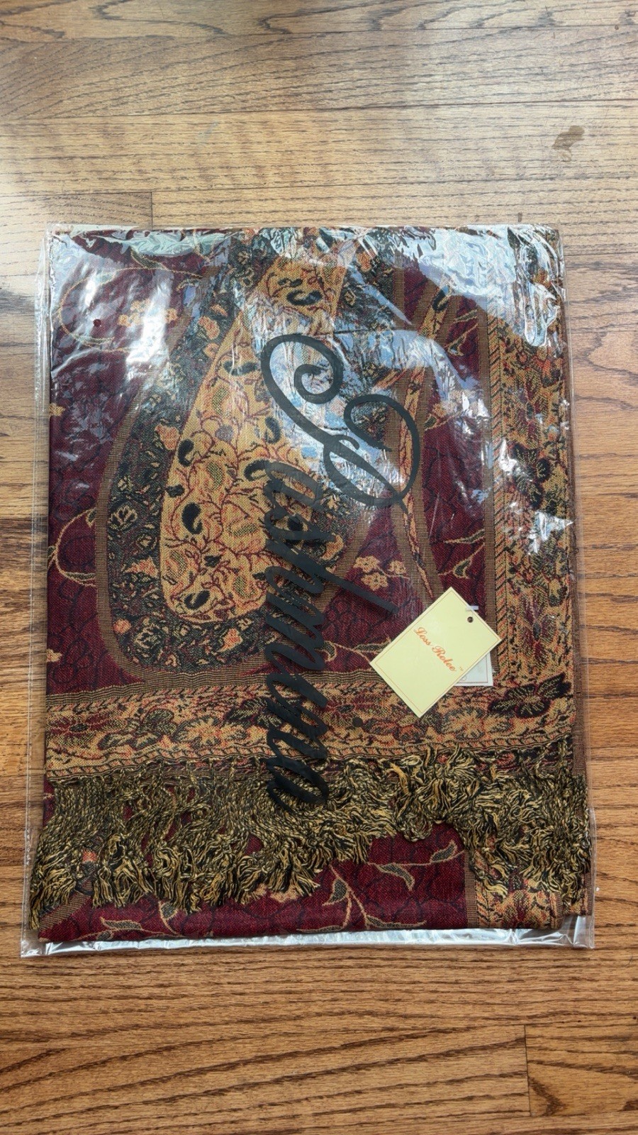 Loss Rolee 100% Pashmina Shawl Burgundy Gold Paisley Floral Fringe Wrap New