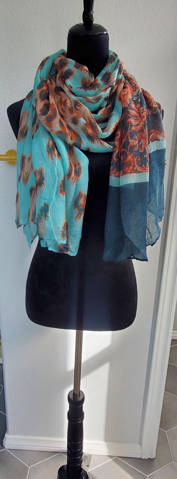 Maya Antonia Lightweight Soft Voile Scarf/Shawl,Teal-Aqua-Orange-Brown Leopard