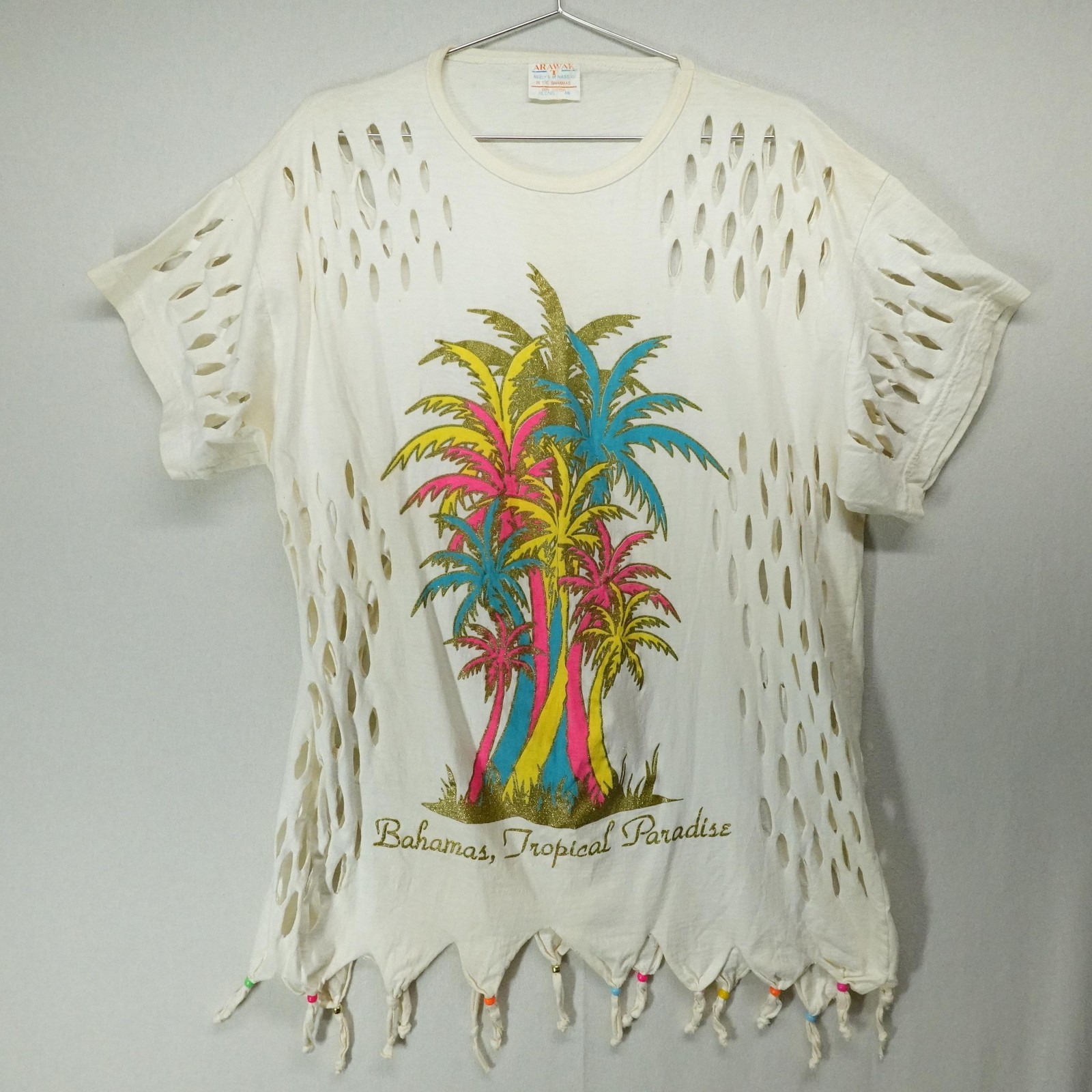 Vintage Bahamas Shirt Womens XL Cutout Fringe Beaded Glitter Tropical 80s