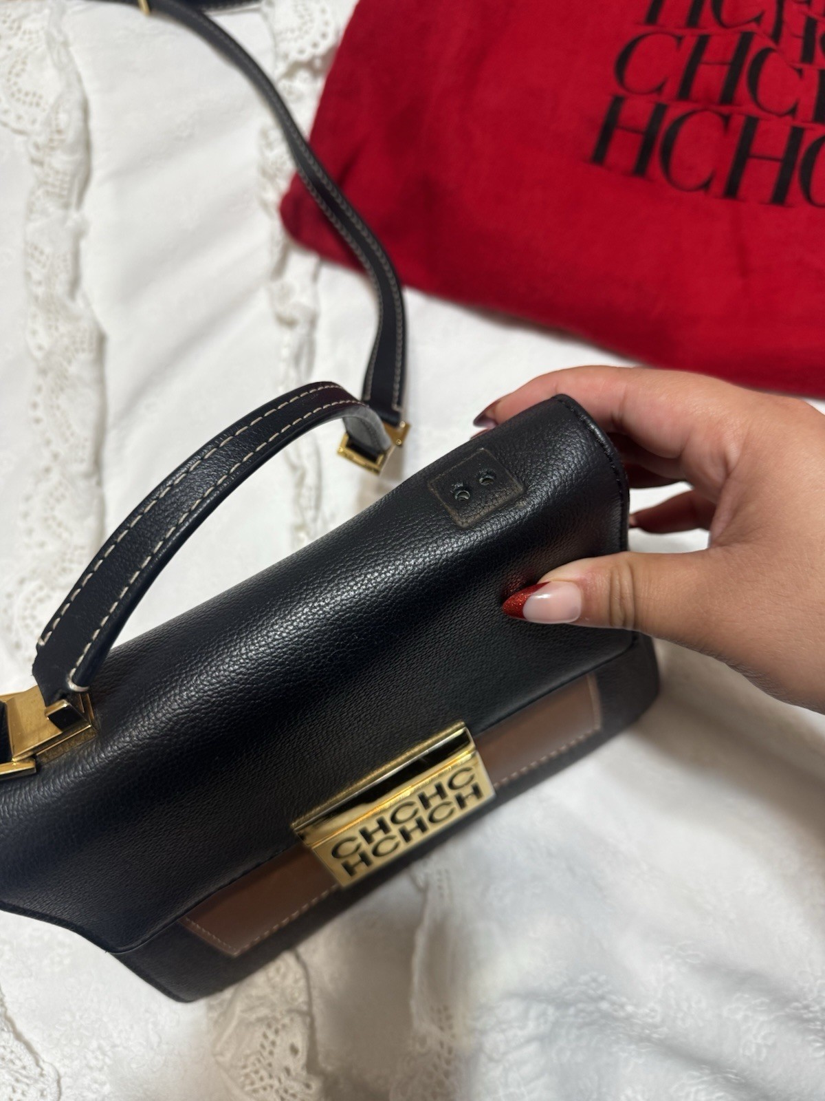Carolina Herrera Monogram Logo Small Crossbody Top Handle Brown/Black Gold
