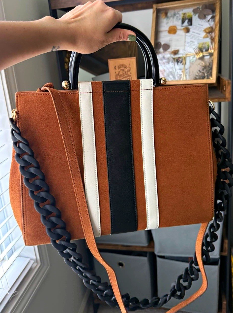 Bagging Rights Cognac Suede Tote Black Cream Stripe Two Straps Rare