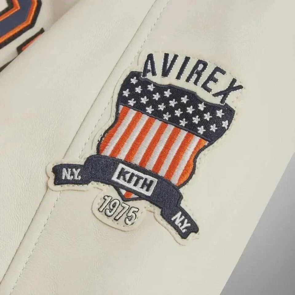 Men’s Avirex X Kith Knicks Bomber Leather Varsity Jacket New York Cream Coat
