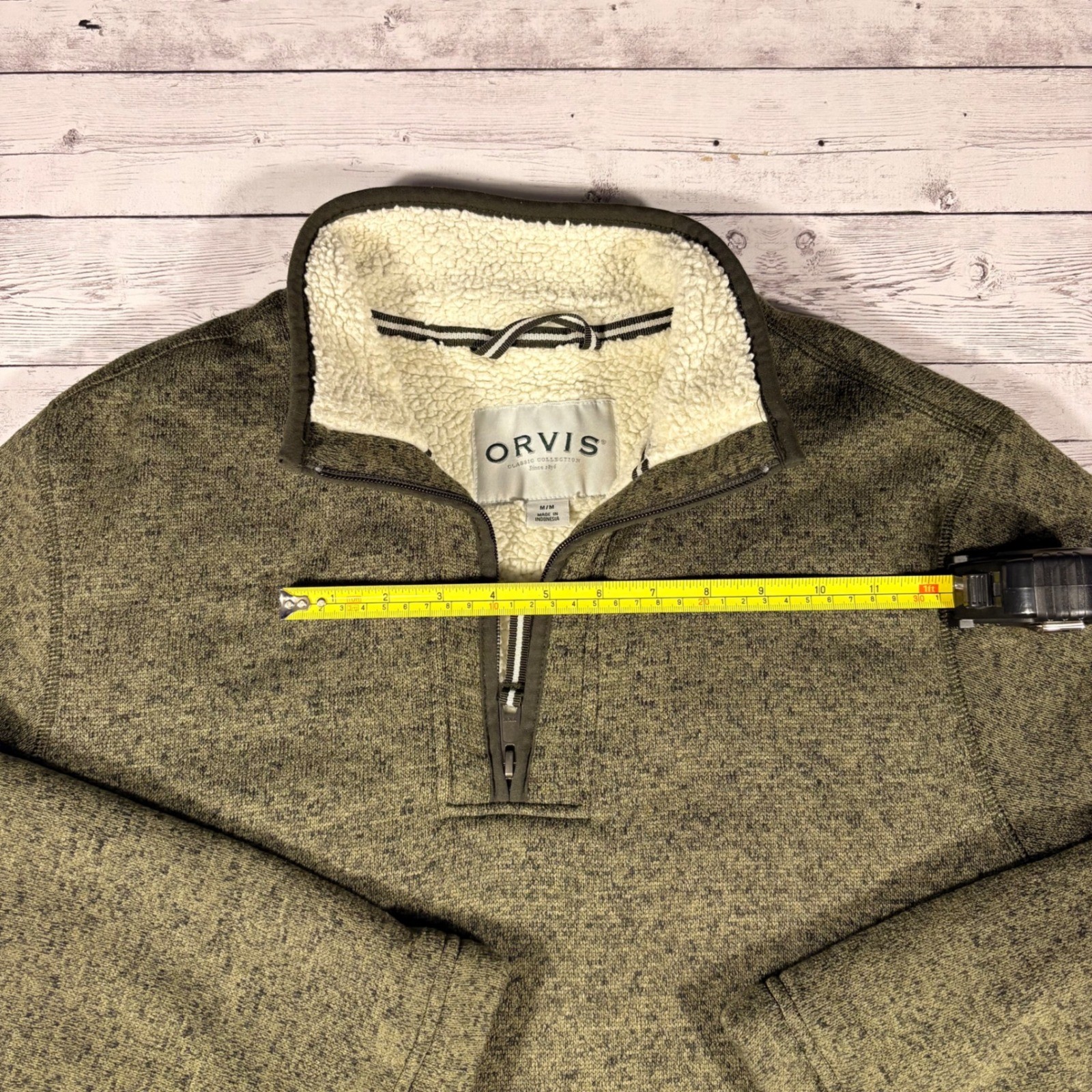 Orvis Mens Quarter Zip Sherpa Lined Sweater Pullover Olive Green Marl Medium