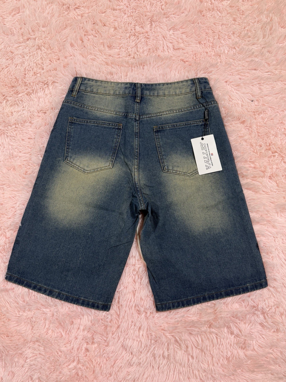 Valley Blue Denim Bermuda Shorts Rhinestone Logo Patches 5-Pocket Size S NWT