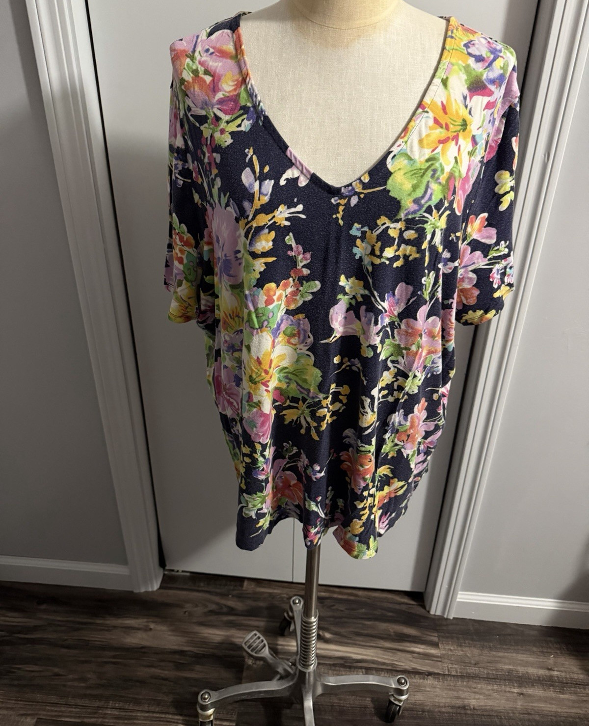 Lauren Ralph Lauren 3X Plus Navy Floral Knit V-Neck Pullover Top 3/4 Sleeve