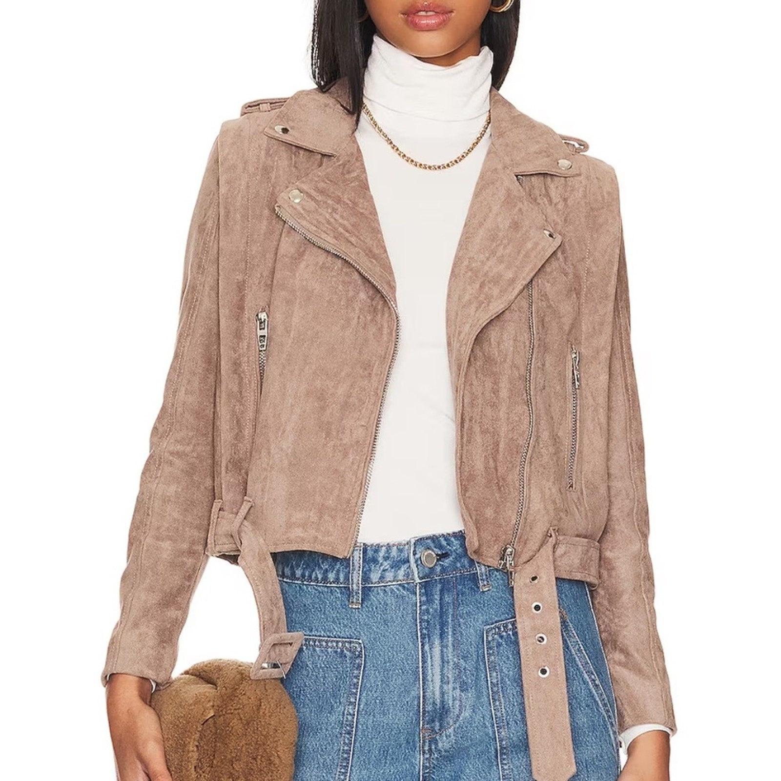 BLANKNYC Suede Moto Jacket Taupe Leather Biker Zip Belted Size Medium