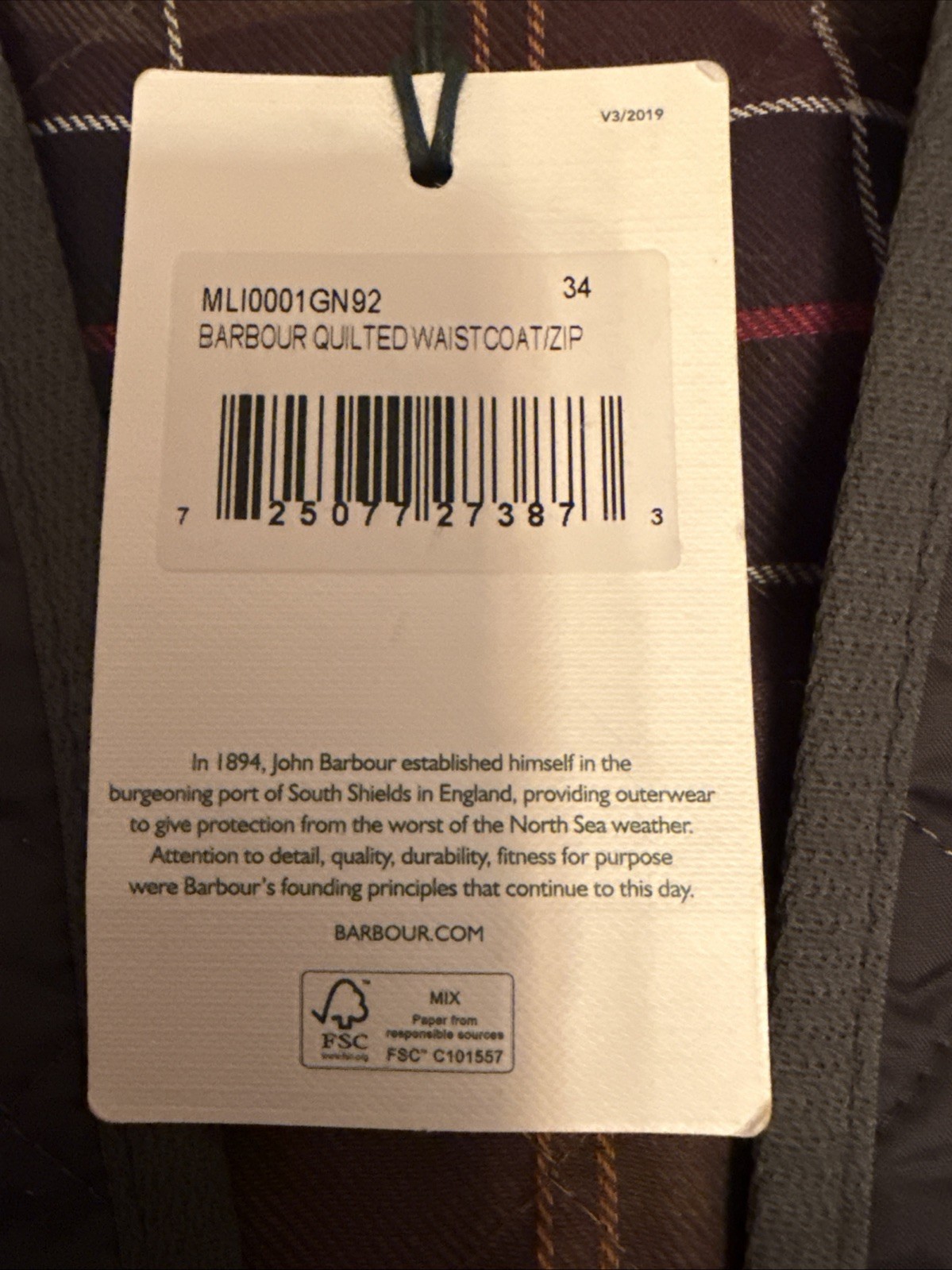 Barbour Quilted Waistcoat with Zip-In Liner, Olive, Size 34