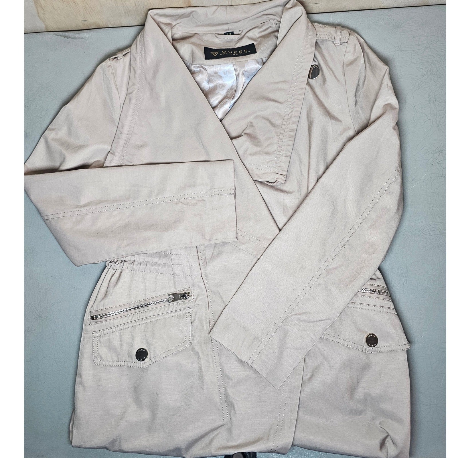 GUESS Los Angeles Womens Tan Draped Trench Jacket Drawstring Waist Beige Coat