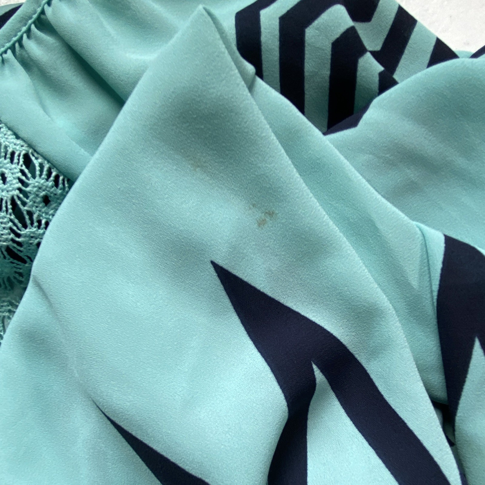 Jolt Boho Peasant Bell Sleeve Blouse, Size Medium, Aqua And Navy Blue Print