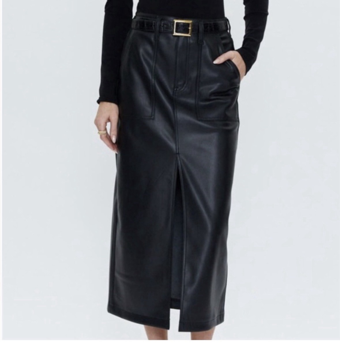 Pistola Women’s Black Faux Leather Midi Pencil Skirt High Rise Slit Pockets 26