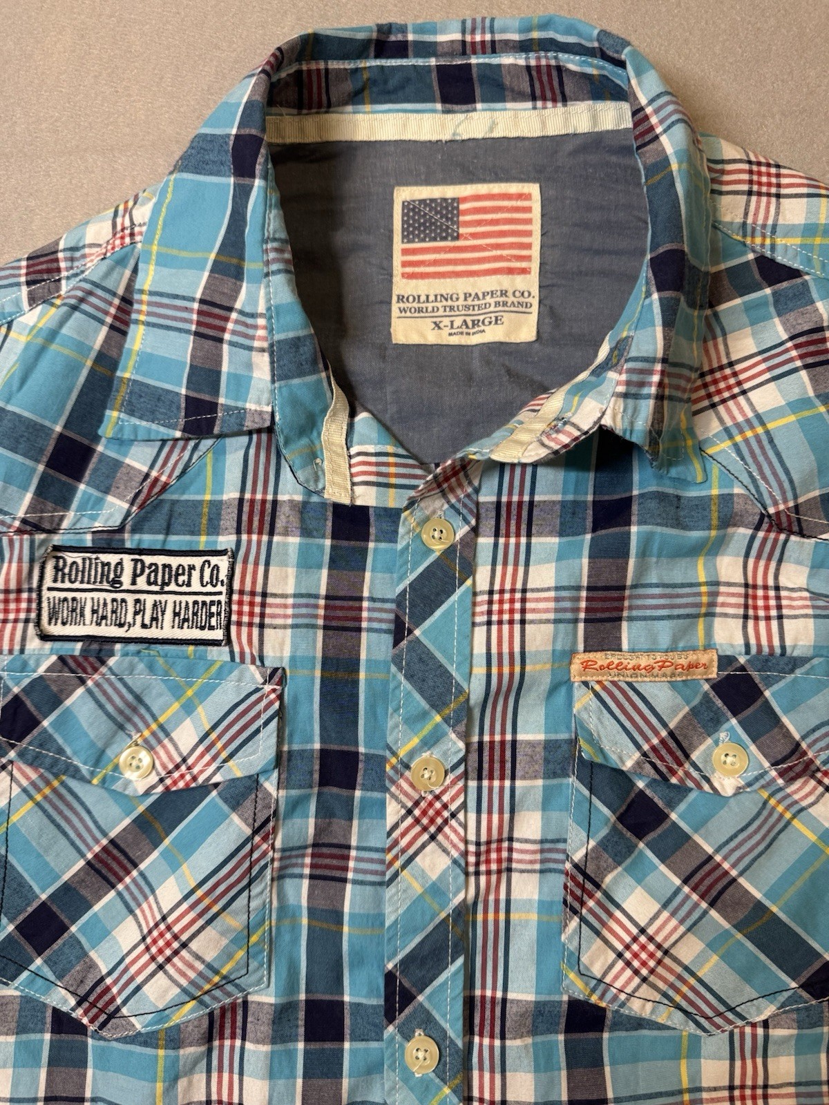 Rolling Paper Co. Plaid Short Sleeve Button-Up Shirt Pockets Patches Men’s XL