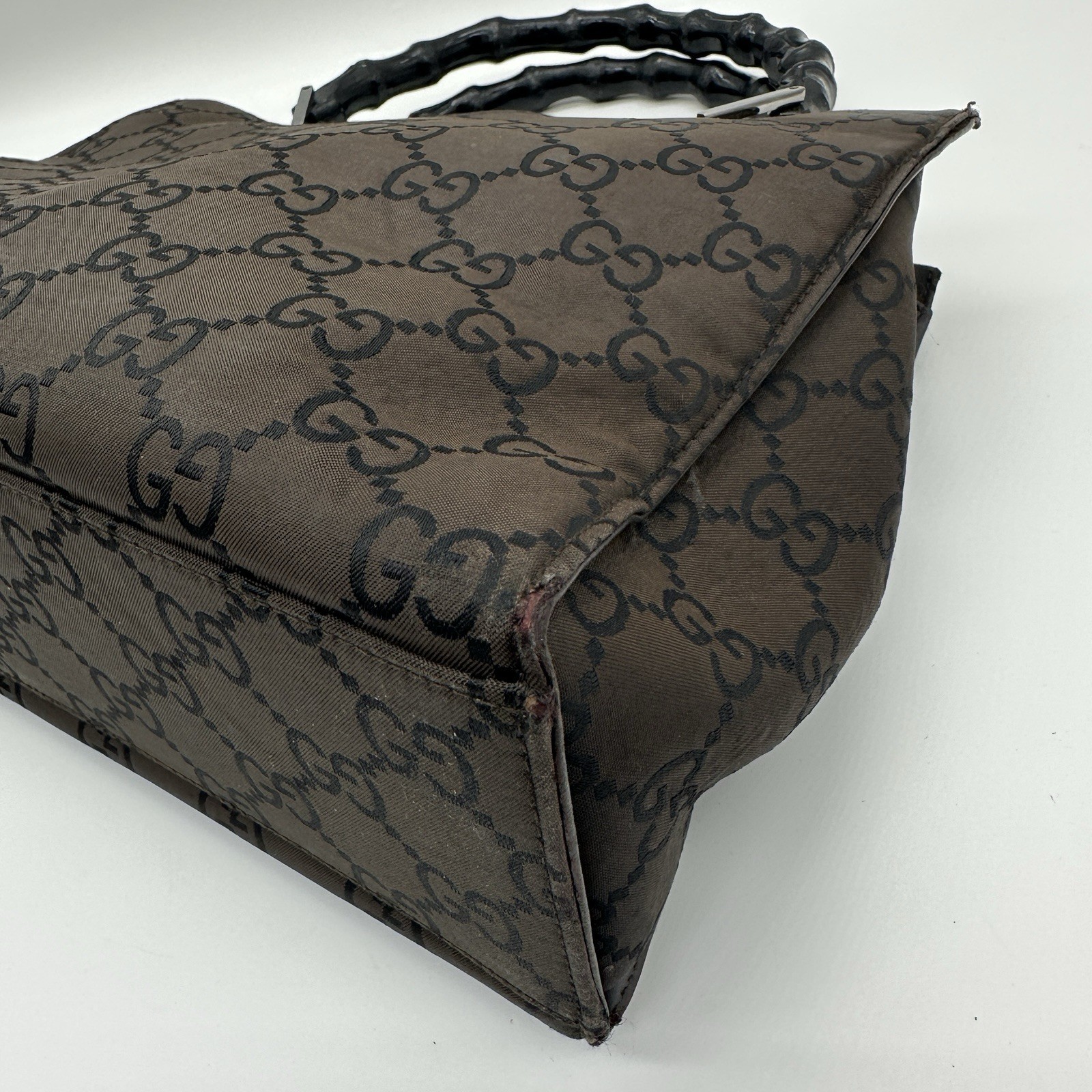 Gucci Handbag Bamboo GG Nylon Dark Brown Purse Double Handle Authentic