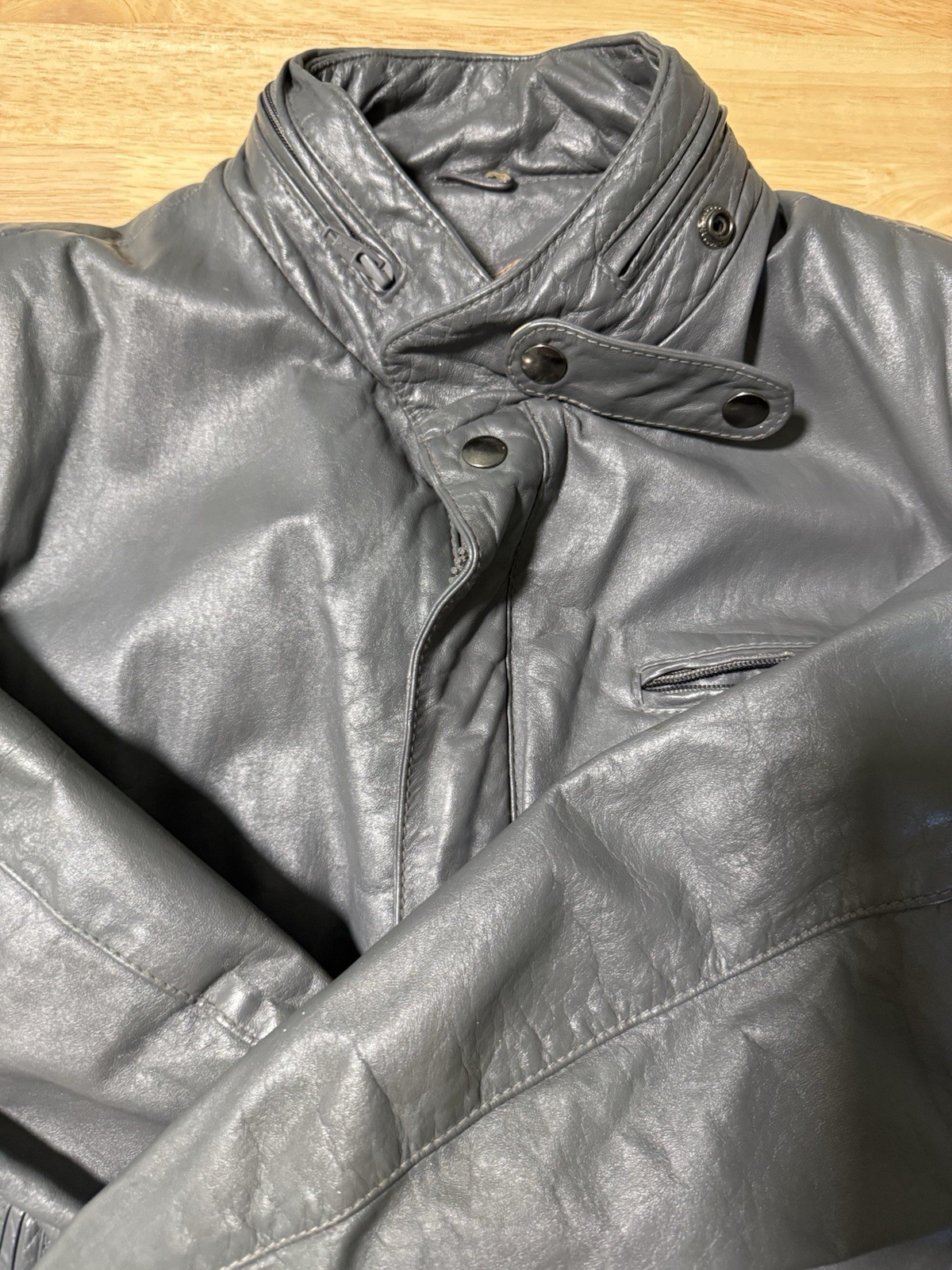 Vintage Men’s Gray Leather Jacket Moto Bomber Style YKK Zip Size 38
