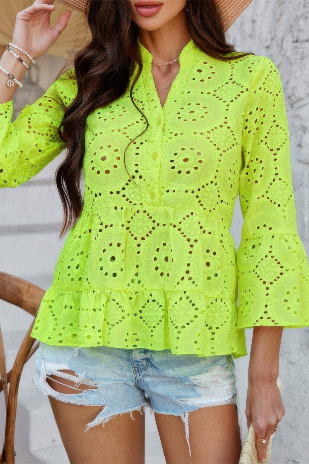 Solid Half Button Flounce Sleeve Peplum Blouse