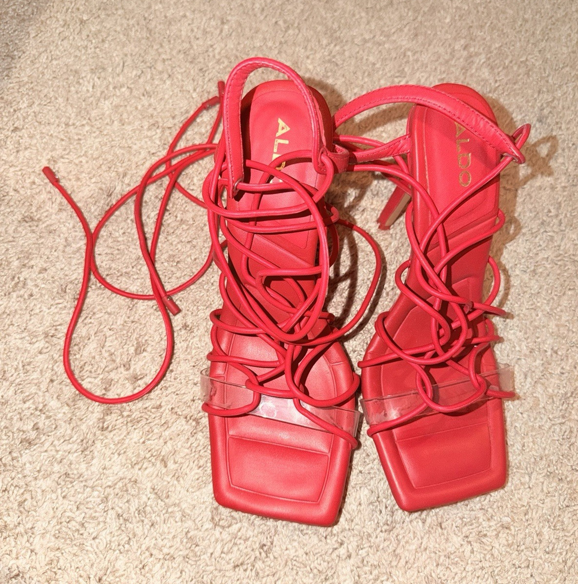 ALDO Women’s Red Strappy Ankle Strap Lace Up Square Toe Stiletto 6.5 B